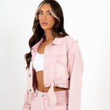 Cropped Pink Utility Belted Denim Jacket - Liquor n Poker