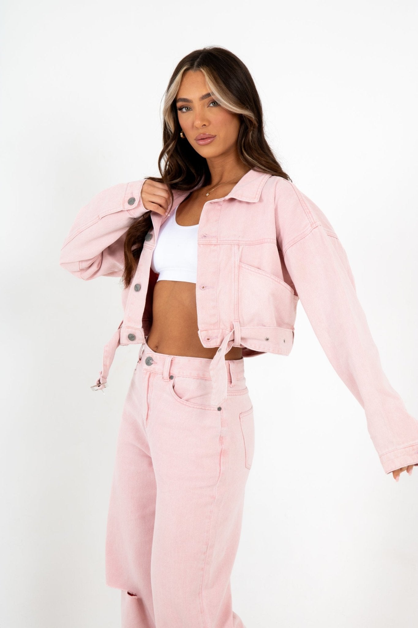 Cropped Pink Utility Belted Denim Jacket - Liquor n Poker