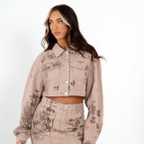 Cropped Sand & Brown Floral Twill Denim Jacket - Liquor n Poker