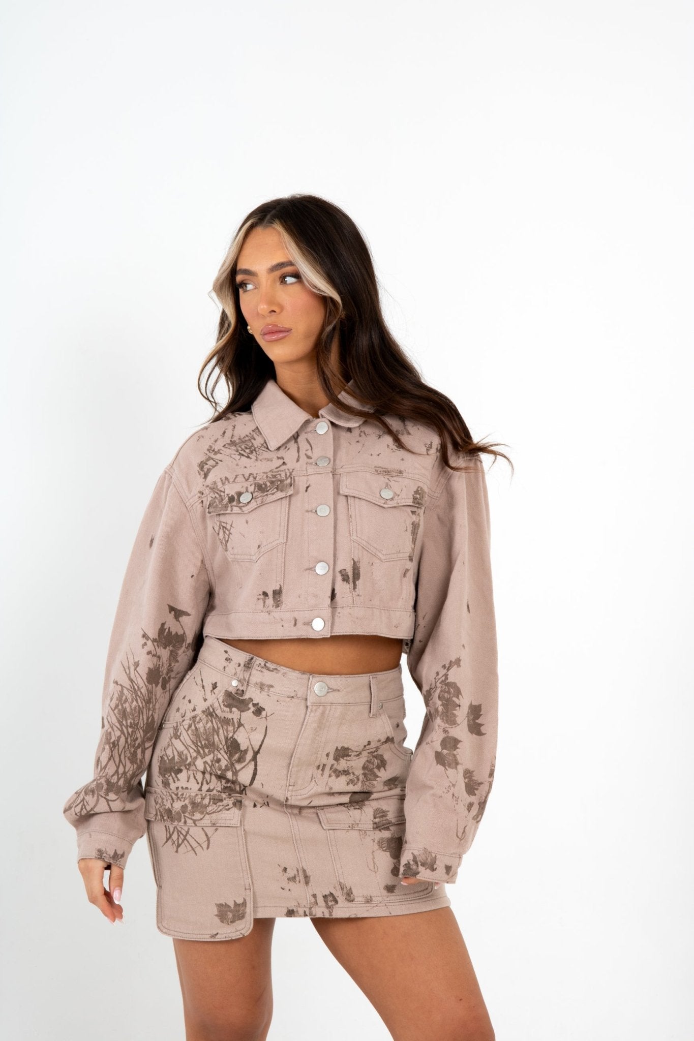 Cropped Sand & Brown Floral Twill Denim Jacket - Liquor n Poker