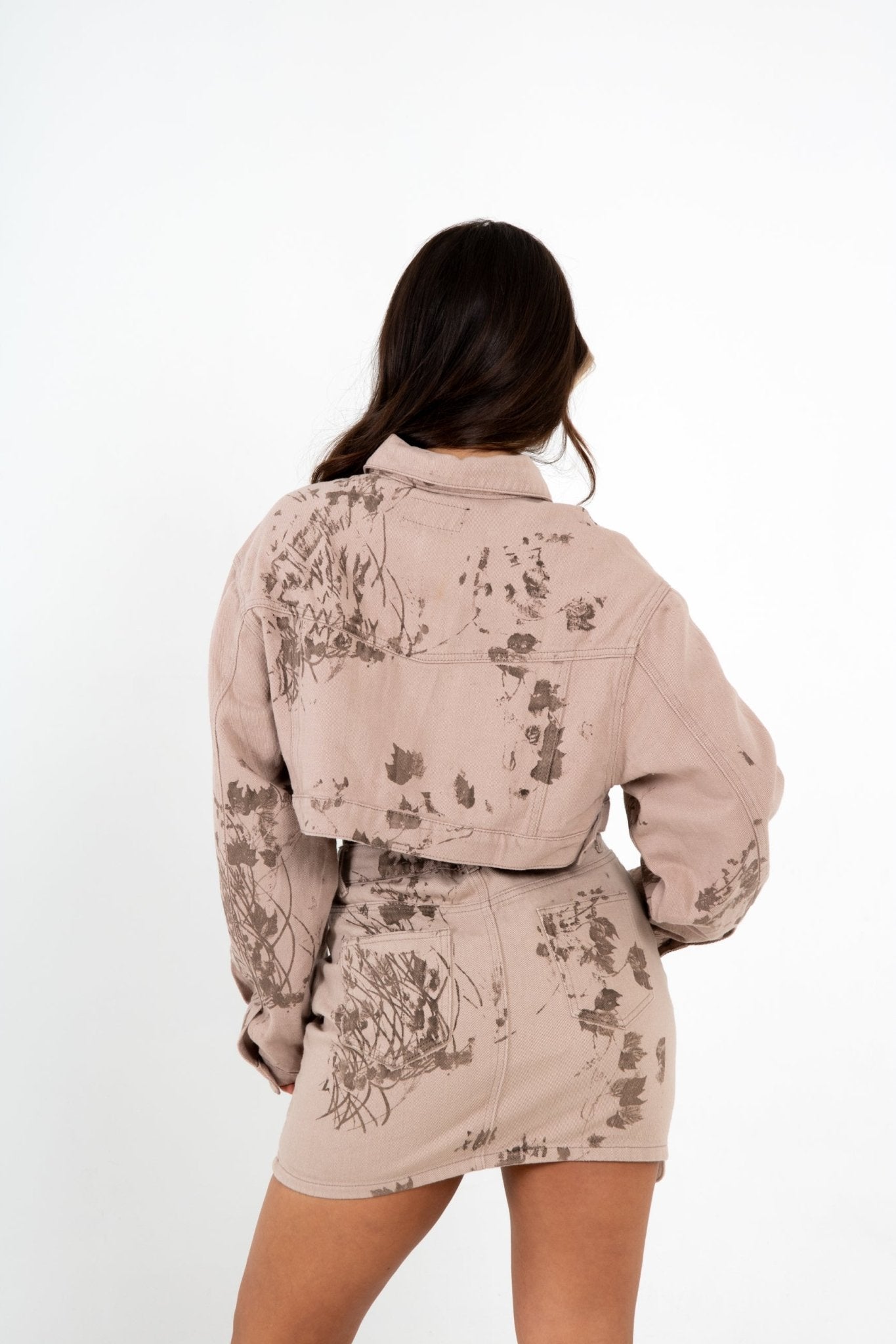 Cropped Sand & Brown Floral Twill Denim Jacket - Liquor n Poker