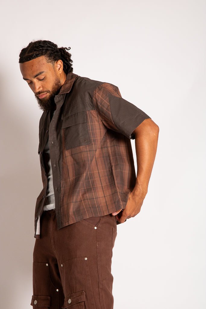 Cut & Sew Patchwork Short Sleeve Shirt in Brown - Liquor n Poker