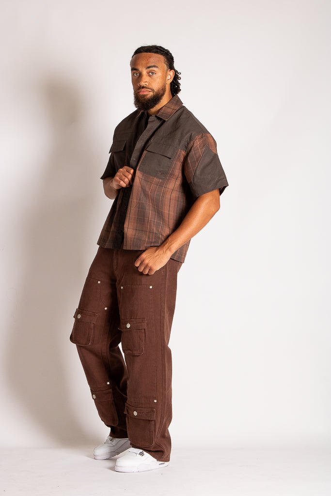 Cut & Sew Patchwork Short Sleeve Shirt in Brown - Liquor n Poker