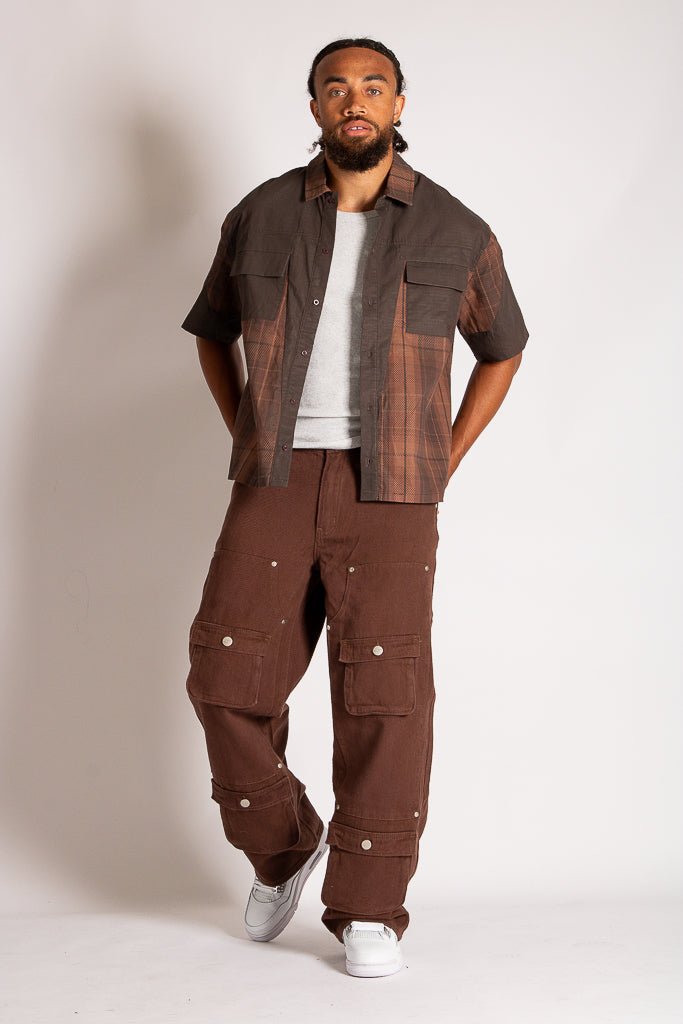 Cut & Sew Patchwork Short Sleeve Shirt in Brown - Liquor n Poker