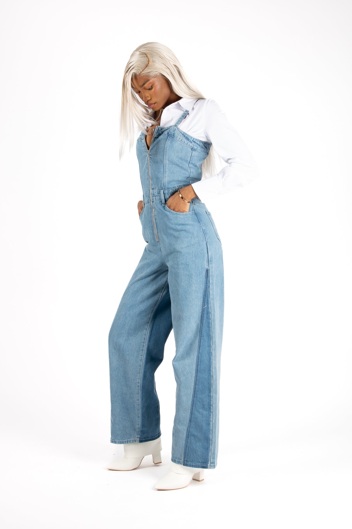Denim Panel Wide Leg Jumpsuit - Liquor n Poker