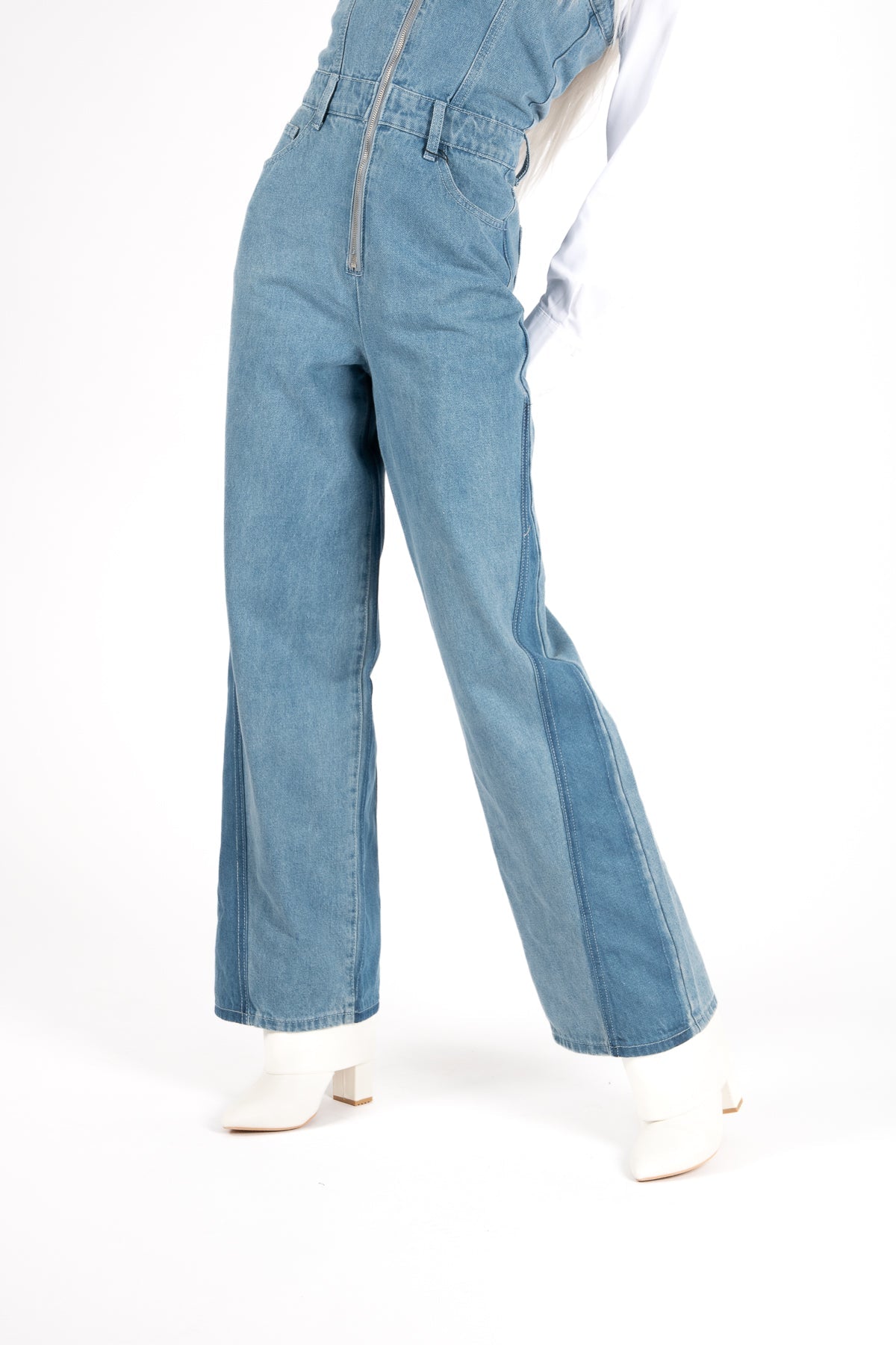Denim Panel Wide Leg Jumpsuit - Liquor n Poker