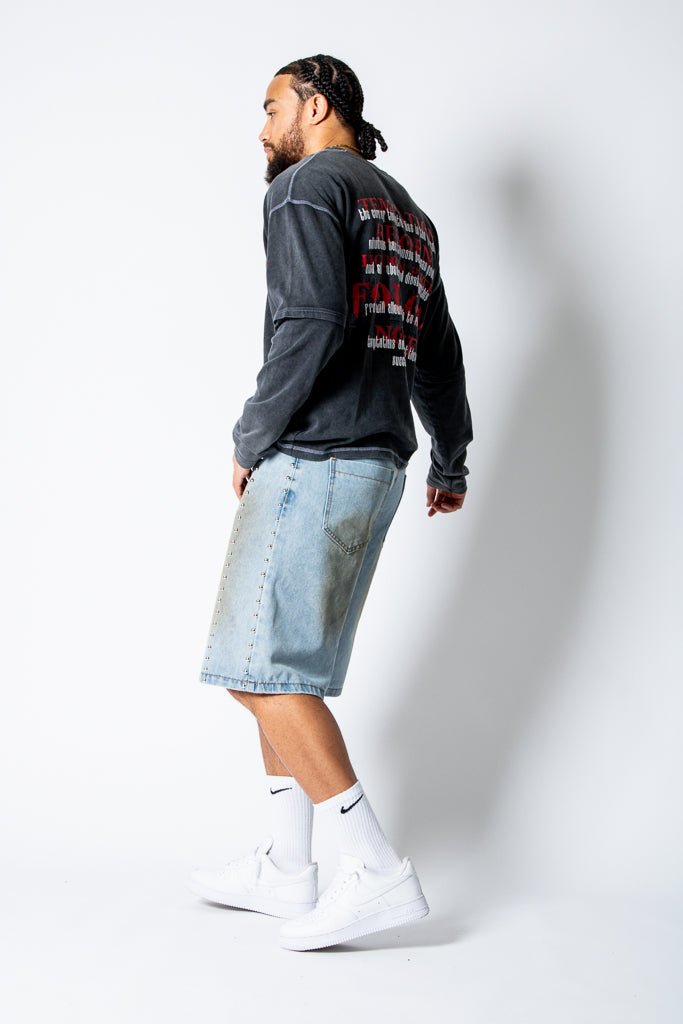 Dirty Wash Denim Jorts With Total Stud Detail - Liquor n Poker
