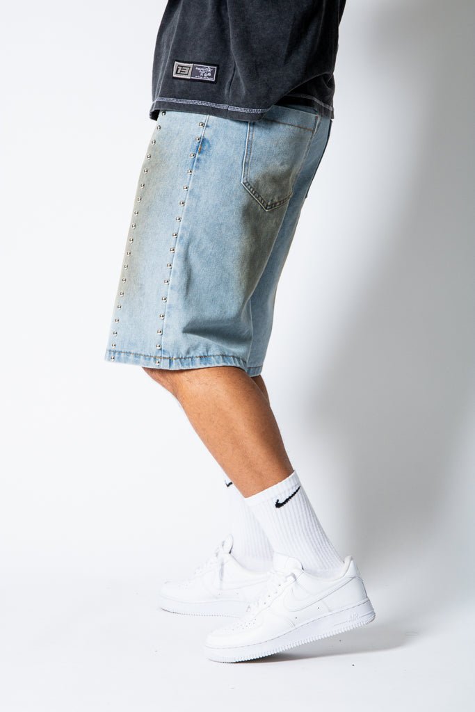 Dirty Wash Denim Jorts With Total Stud Detail - Liquor n Poker