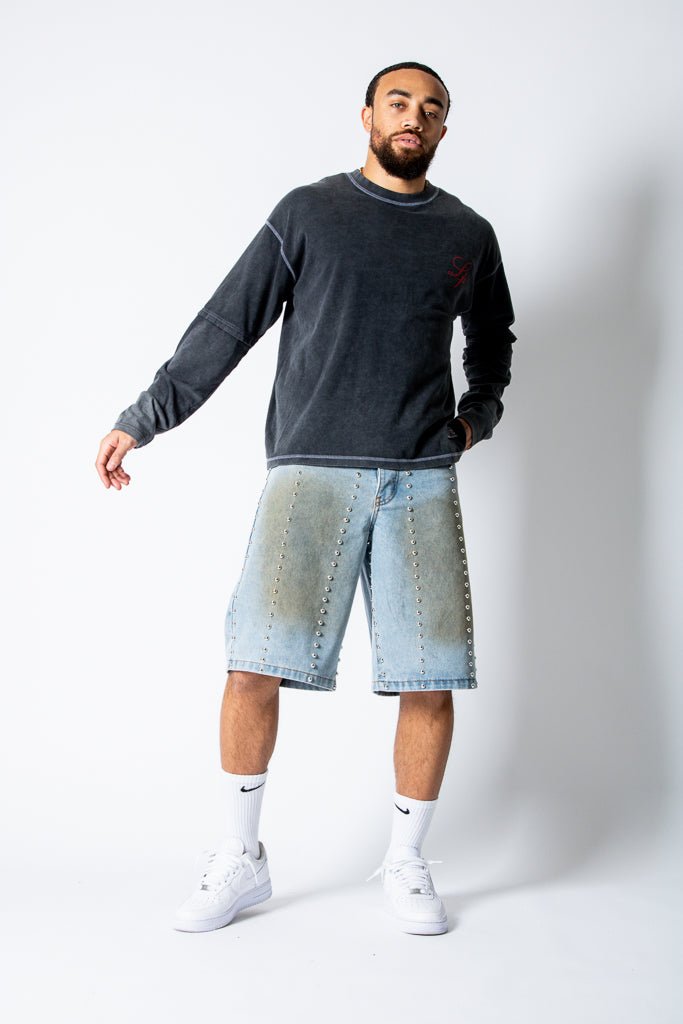 Dirty Wash Denim Jorts With Total Stud Detail - Liquor n Poker