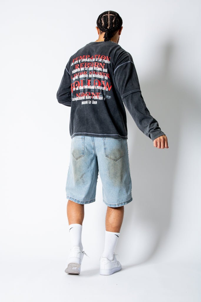 Dirty Wash Denim Jorts With Total Stud Detail - Liquor n Poker