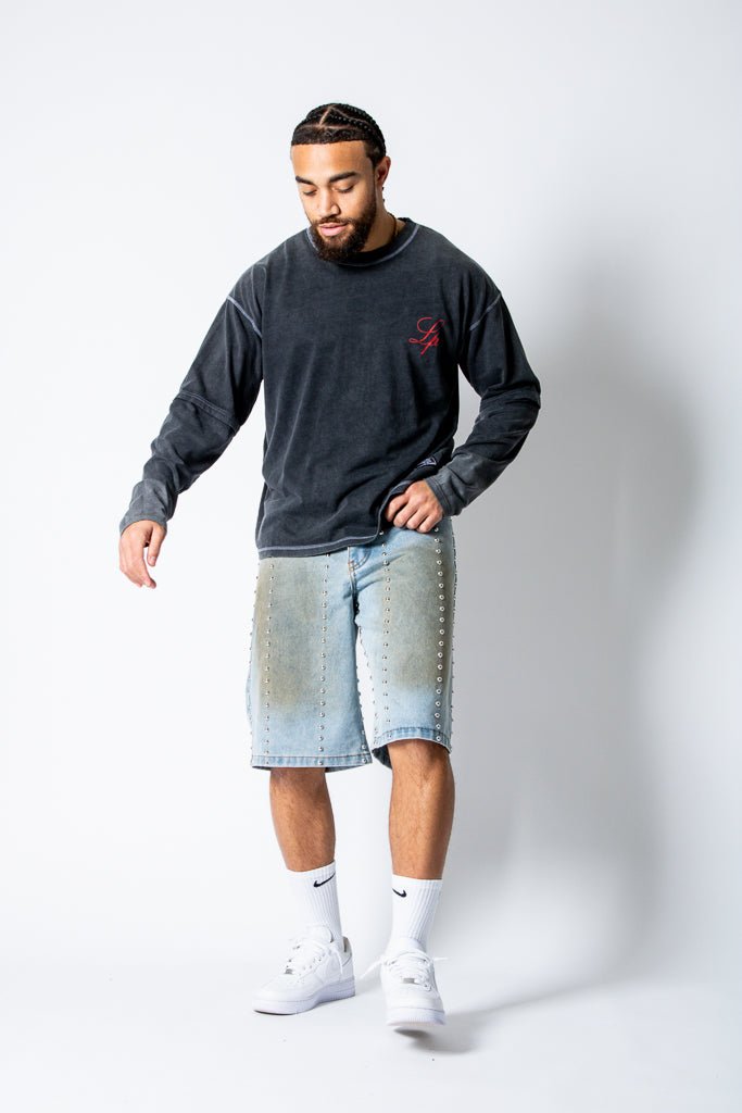 Dirty Wash Denim Jorts With Total Stud Detail - Liquor n Poker