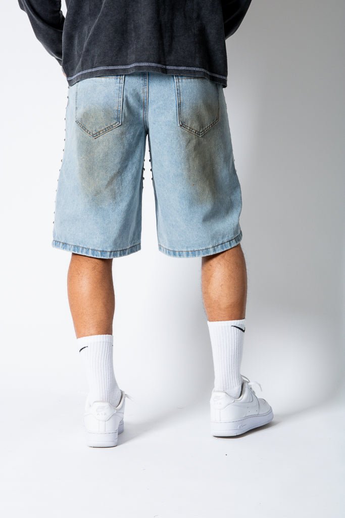 Dirty Wash Denim Jorts With Total Stud Detail - Liquor n Poker