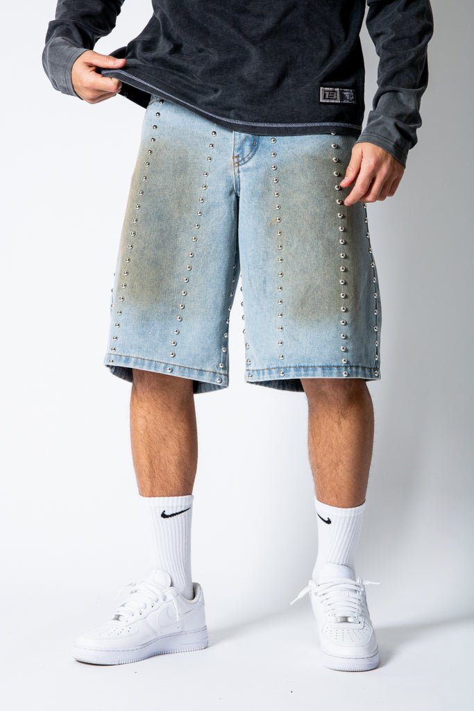 Dirty Wash Denim Jorts With Total Stud Detail - Liquor n Poker