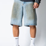 Dirty Wash Denim Jorts With Total Stud Detail - Liquor n Poker