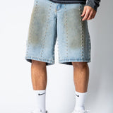 Dirty Wash Denim Jorts With Total Stud Detail - Liquor n Poker