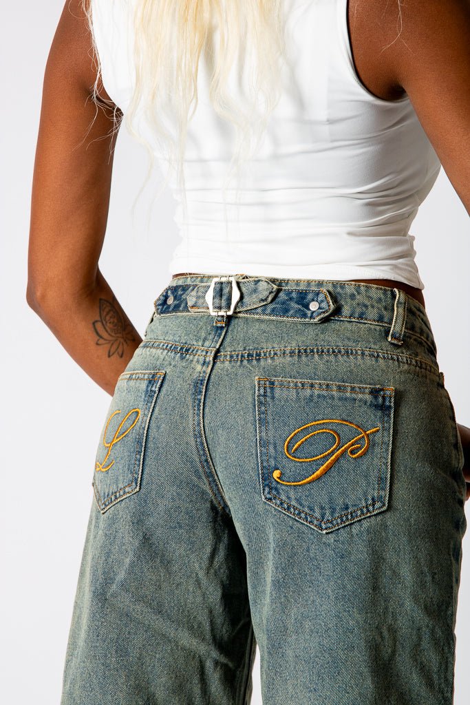 Dirty Wash Jorts With Back Pocket Embroidery - Liquor n Poker