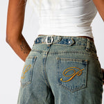 Dirty Wash Jorts With Back Pocket Embroidery - Liquor n Poker