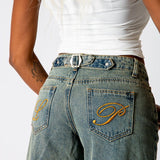 Dirty Wash Jorts With Back Pocket Embroidery - Liquor n Poker