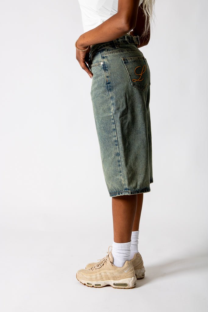 Dirty Wash Jorts With Back Pocket Embroidery - Liquor n Poker