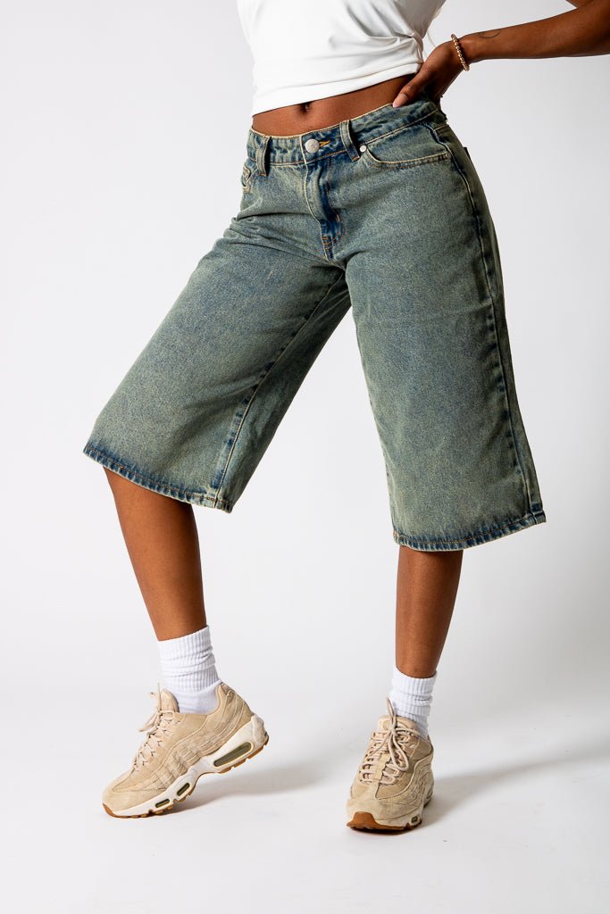 Dirty Wash Jorts With Back Pocket Embroidery - Liquor n Poker