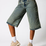 Dirty Wash Jorts With Back Pocket Embroidery - Liquor n Poker