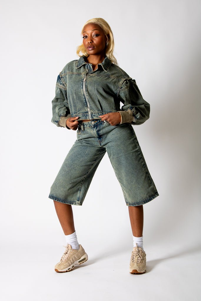 Dirty Wash Jorts With Back Pocket Embroidery - Liquor n Poker
