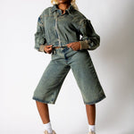 Dirty Wash Jorts With Back Pocket Embroidery - Liquor n Poker