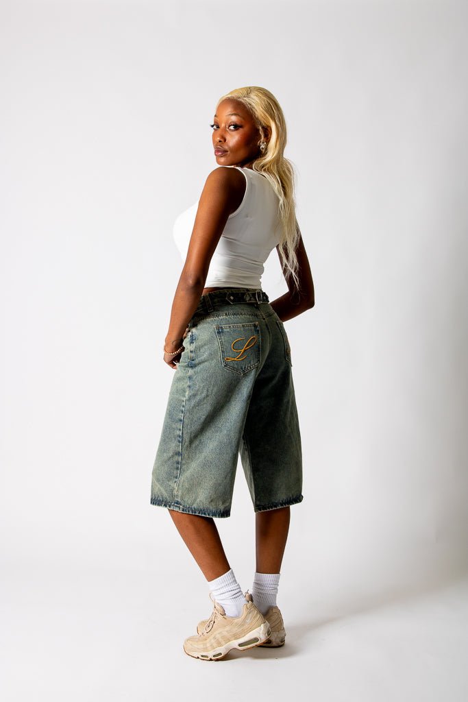Dirty Wash Jorts With Back Pocket Embroidery - Liquor n Poker