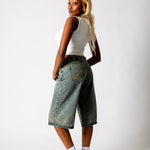 Dirty Wash Jorts With Back Pocket Embroidery - Liquor n Poker