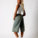Dirty Wash Jorts With Back Pocket Embroidery - Liquor n Poker