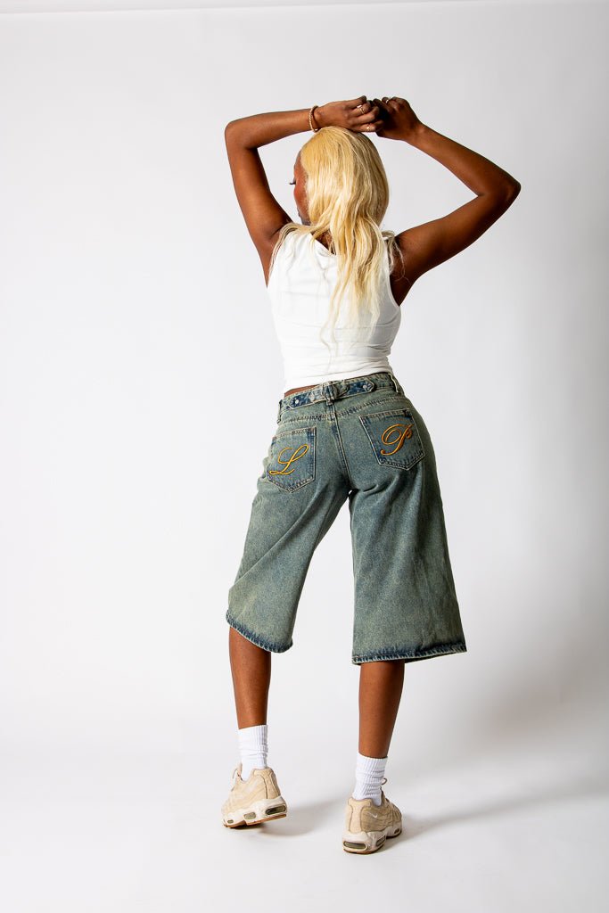 Dirty Wash Jorts With Back Pocket Embroidery - Liquor n Poker