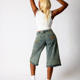 Dirty Wash Jorts With Back Pocket Embroidery - Liquor n Poker