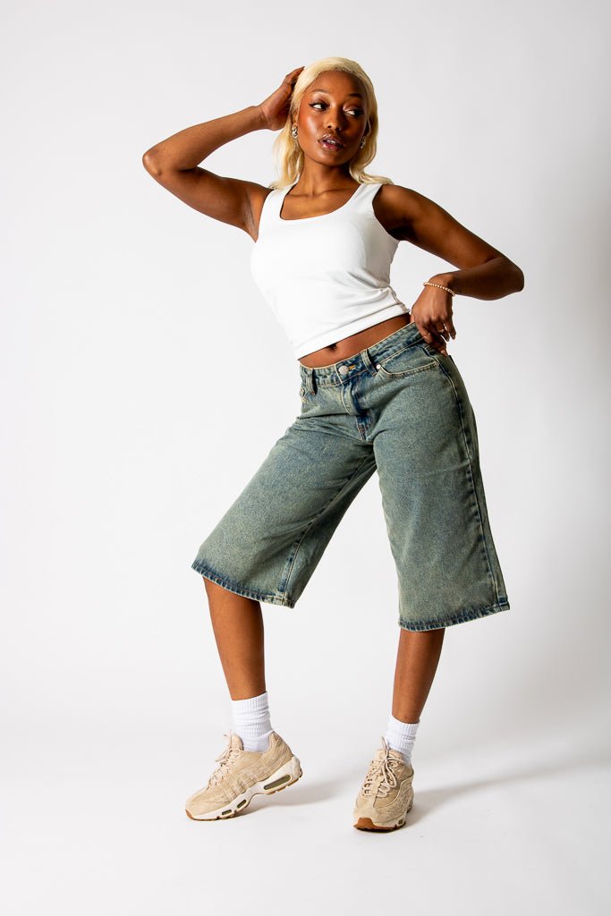 Dirty Wash Jorts With Back Pocket Embroidery - Liquor n Poker