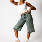 Dirty Wash Jorts With Back Pocket Embroidery - Liquor n Poker