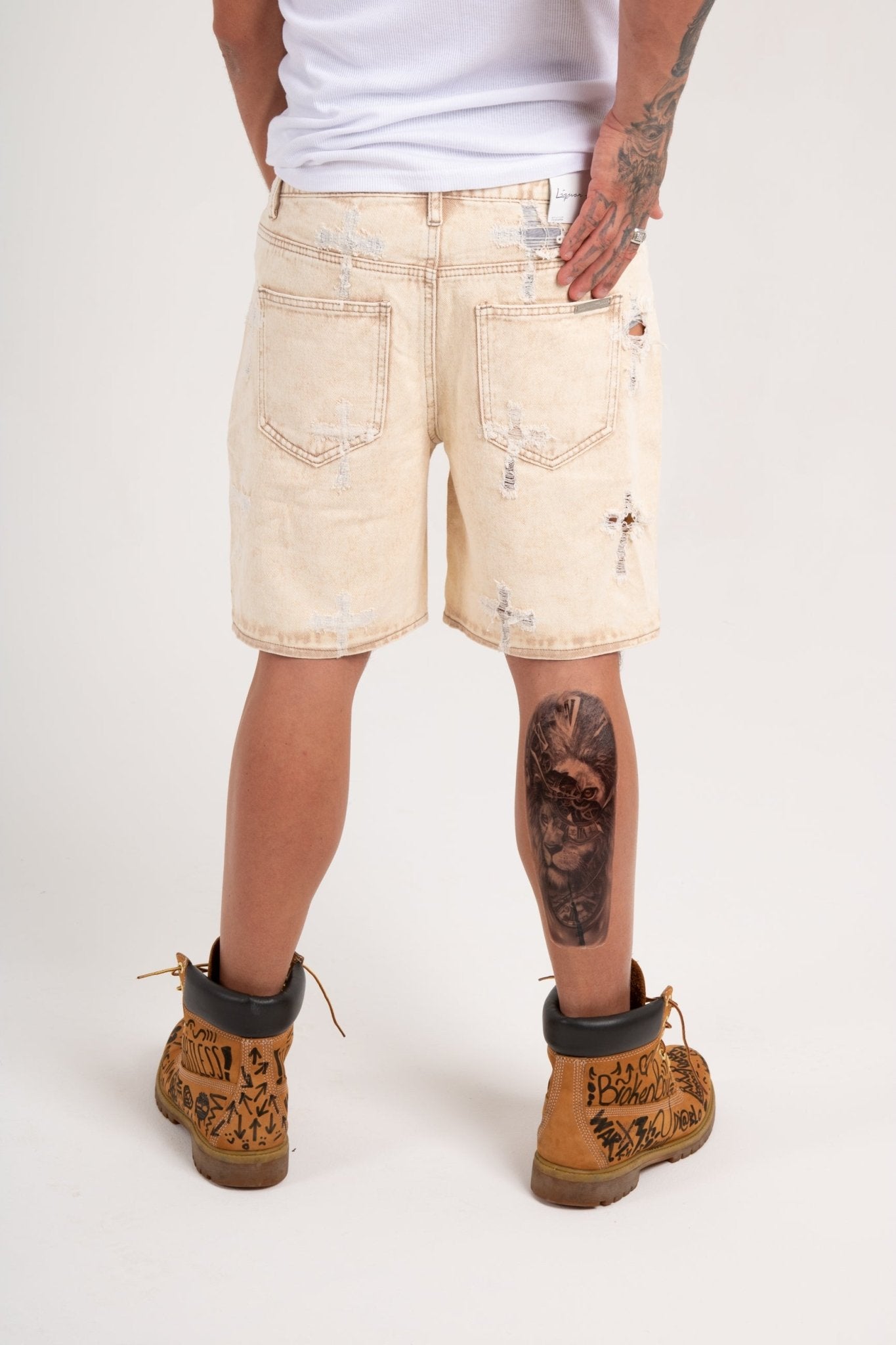 Distressed Cross Denim Shorts In Beige - Liquor n Poker