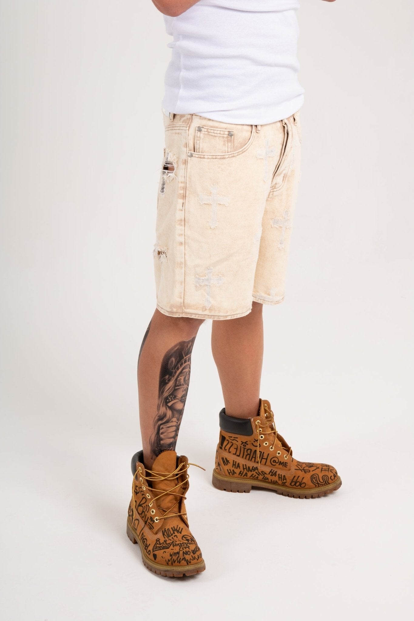 Distressed Cross Denim Shorts In Beige - Liquor n Poker