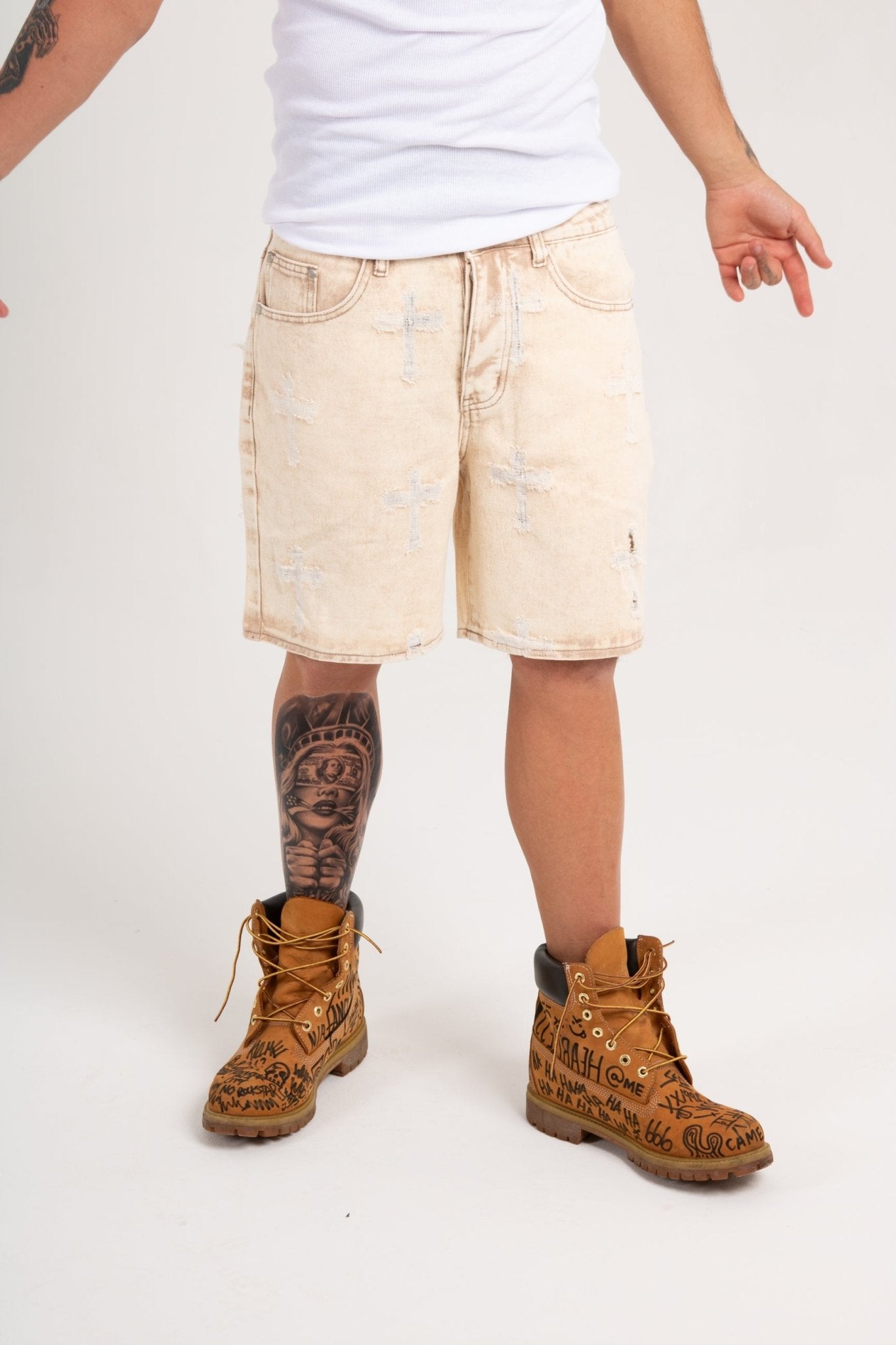 Distressed Cross Denim Shorts In Beige - Liquor n Poker