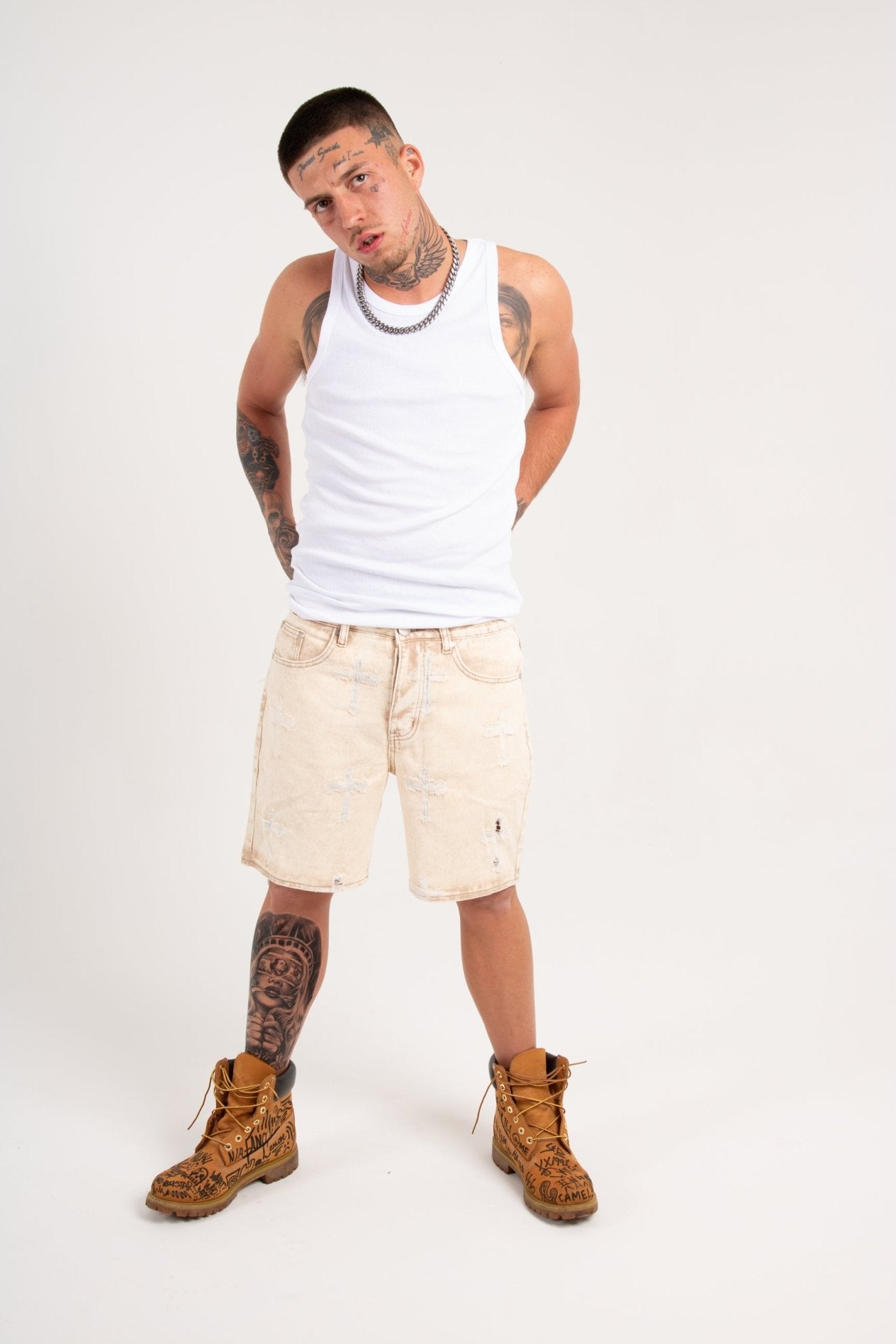 Distressed Cross Denim Shorts In Beige - Liquor n Poker