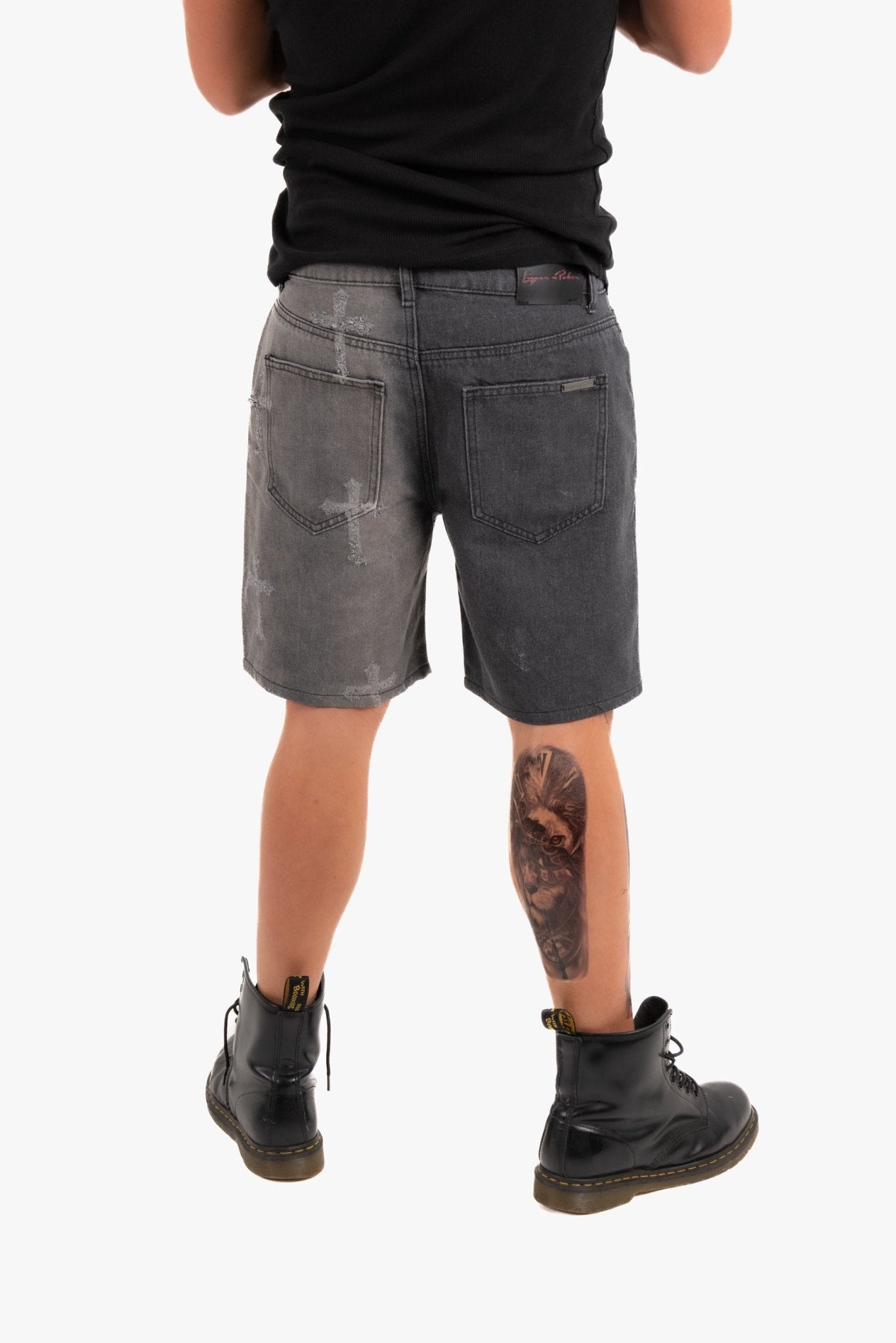 Distressed Cross Denim Shorts In Black Wash - Liquor n Poker