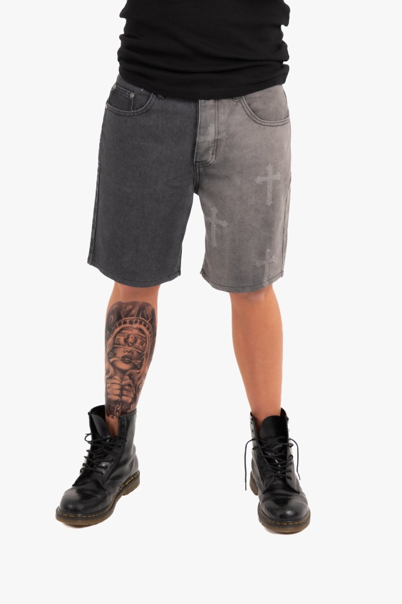 Distressed Cross Denim Shorts In Black Wash - Liquor n Poker