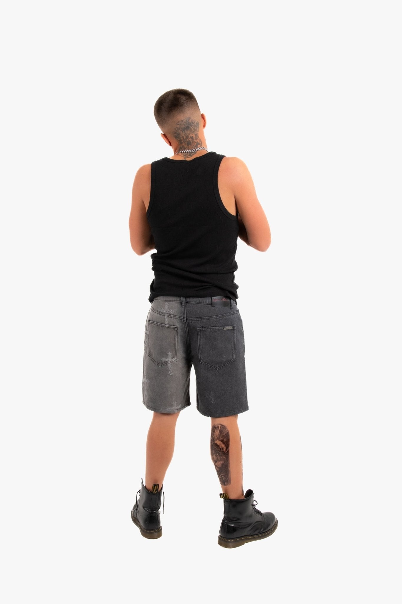 Distressed Cross Denim Shorts In Black Wash - Liquor n Poker