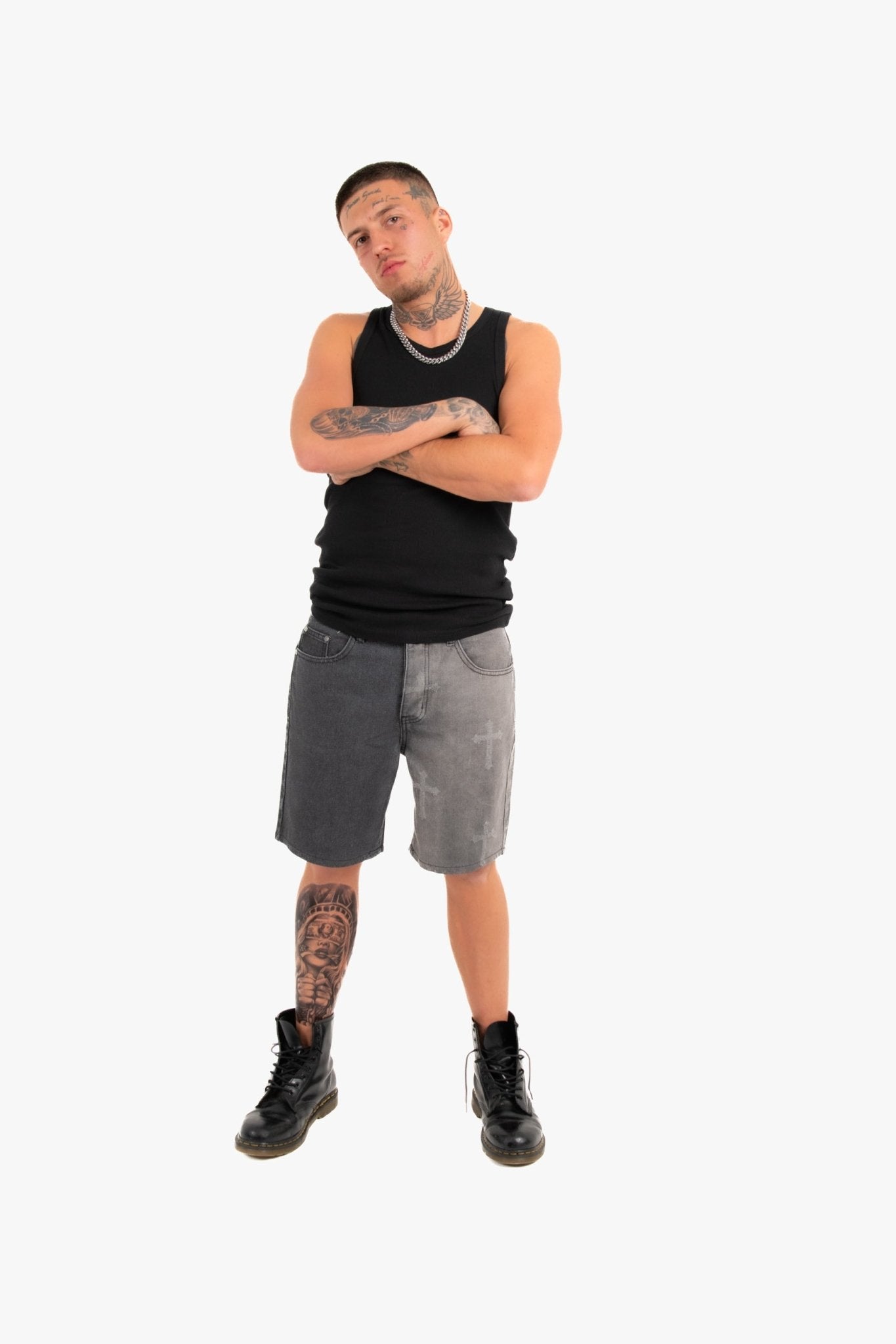 Distressed Cross Denim Shorts In Black Wash - Liquor n Poker