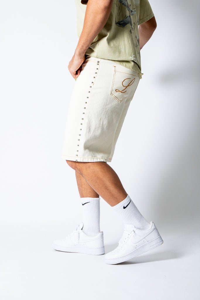 Ecru Side Stud Detail Denim Jorts - Liquor n Poker