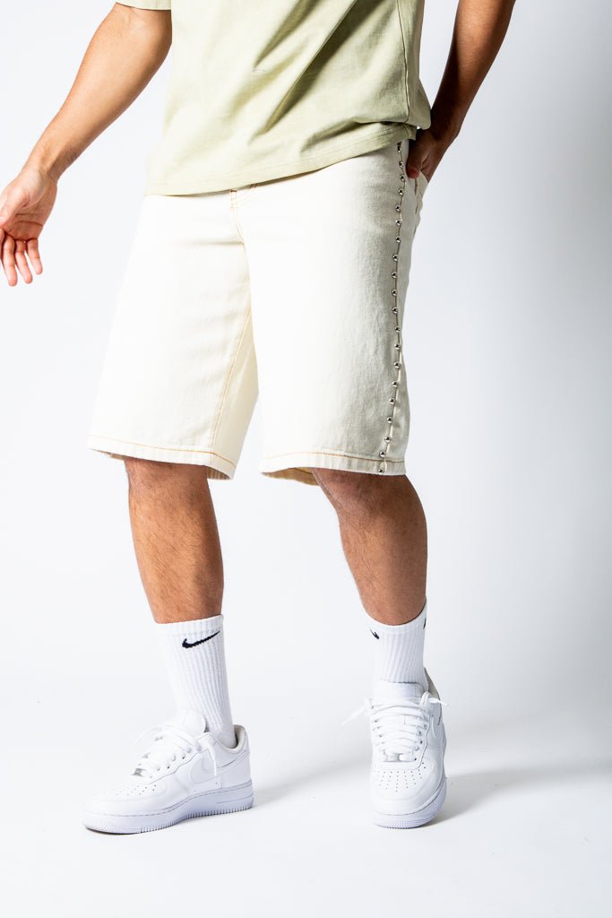 Ecru Side Stud Detail Denim Jorts - Liquor n Poker