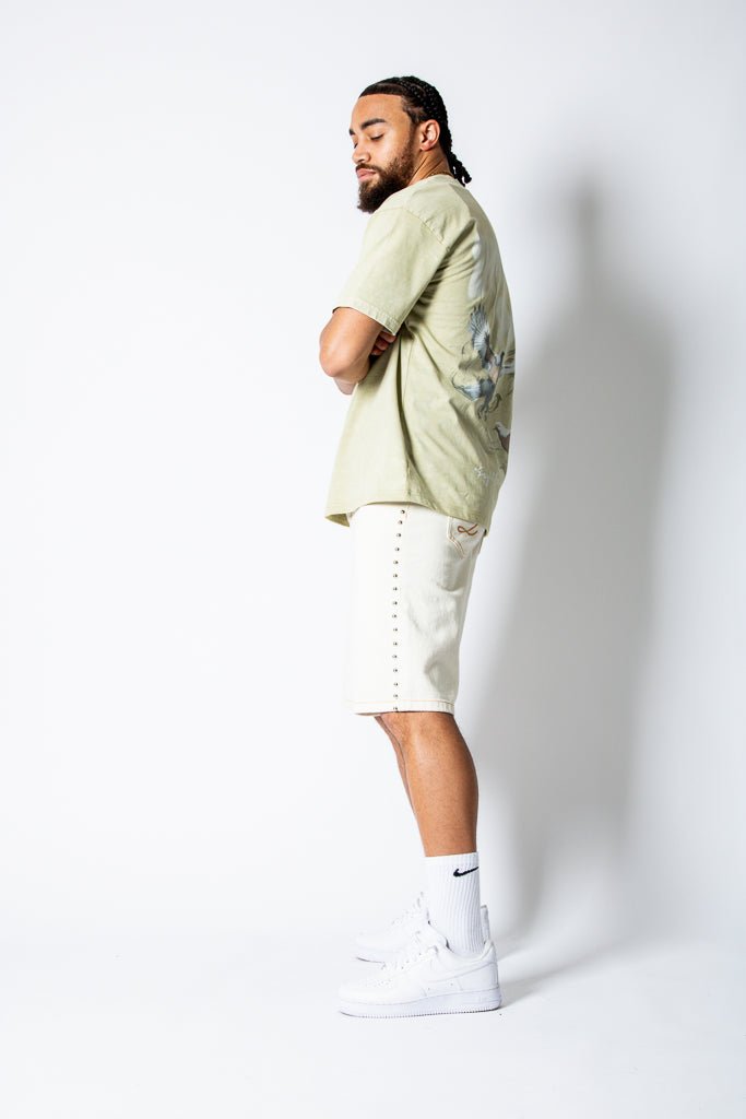 Ecru Side Stud Detail Denim Jorts - Liquor n Poker