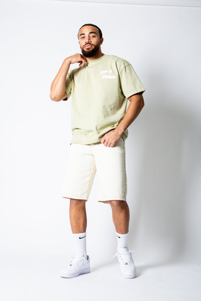 Ecru Side Stud Detail Denim Jorts - Liquor n Poker