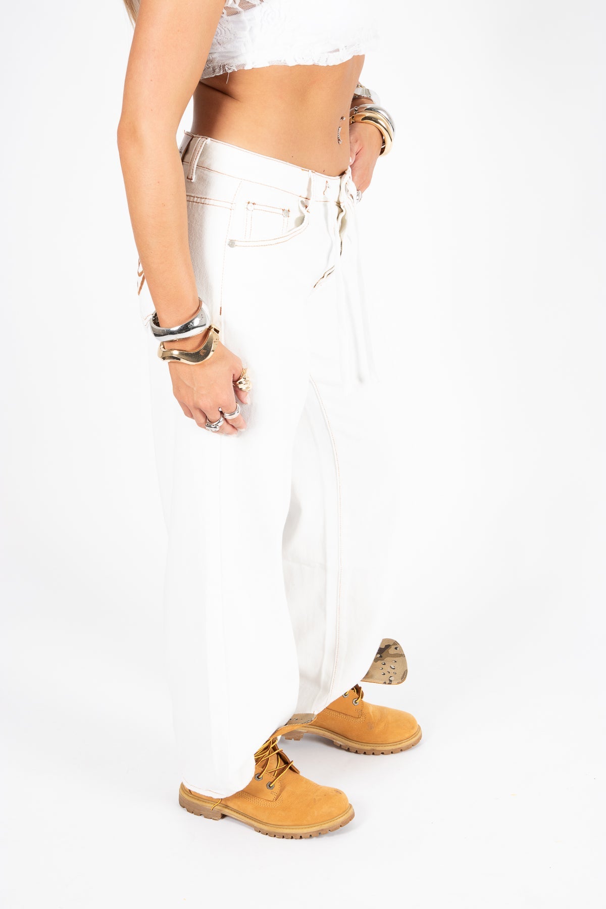 Ecru Tie Waist Detail Straight Leg Jean - Liquor n Poker