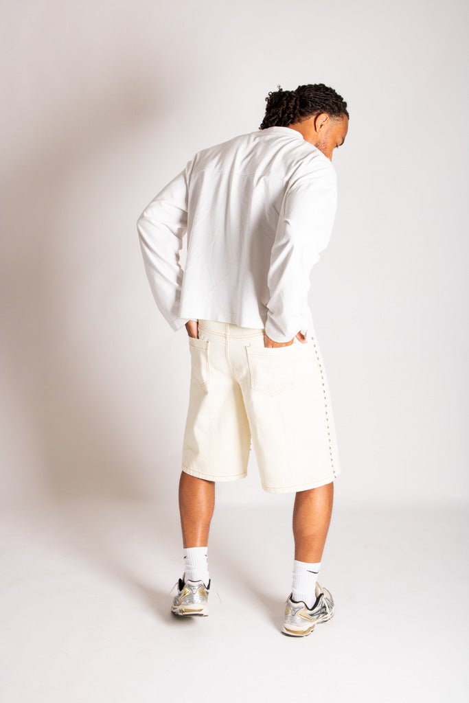 Ecru Wash Denim Jorts With Total Stud Detail - Liquor n Poker