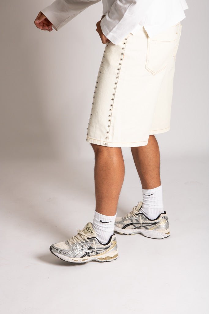 Ecru Wash Denim Jorts With Total Stud Detail - Liquor n Poker