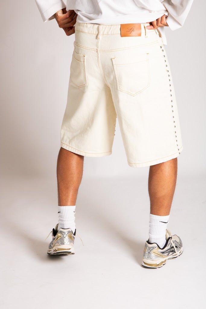 Ecru Wash Denim Jorts With Total Stud Detail - Liquor n Poker